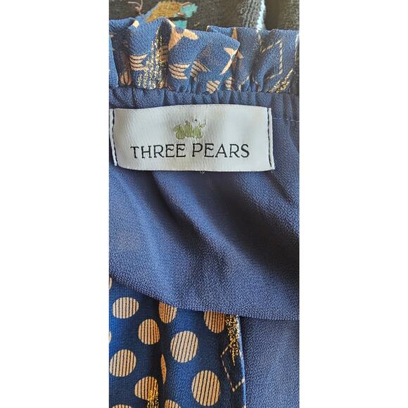 Three Pears Geometric Long Sleeve Smocked Drop Waist Mini‎ Dress Blue Womens M - Picture 7 of 8